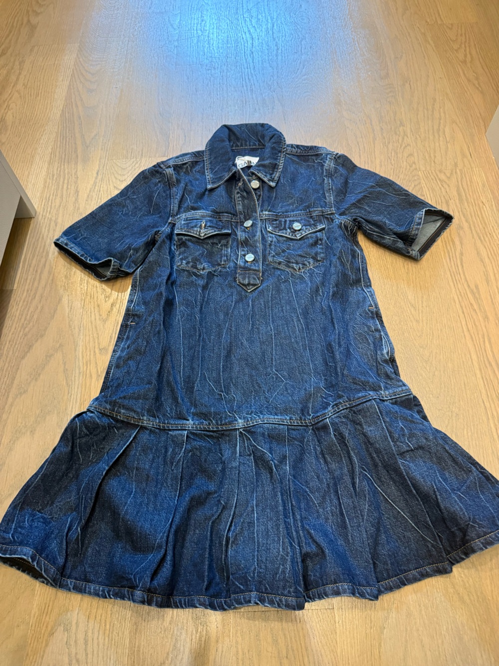 Ganni Dark Blue Denim Short-Sleeve Drop-Waist Dress